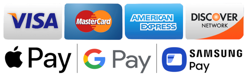 Visa Mastercard Discover American Express Apple Pay Google Pay Samsung Pay